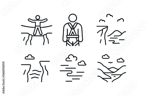 vector outline icons tightrope walking (mountain cliff): rope over gorge safety harness rocky ledge misty air blue sky valley view.