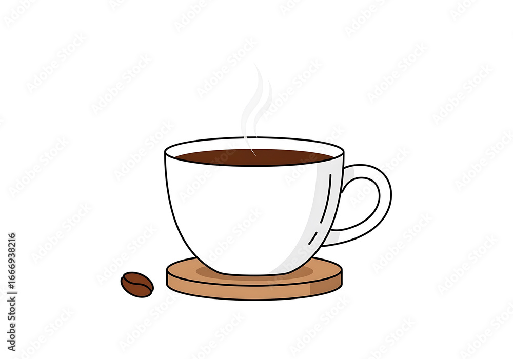 Obraz premium A simple, stylized illustration of a white coffee cup filled with dark brown coffee, with steam rising, and a coaster underneath.