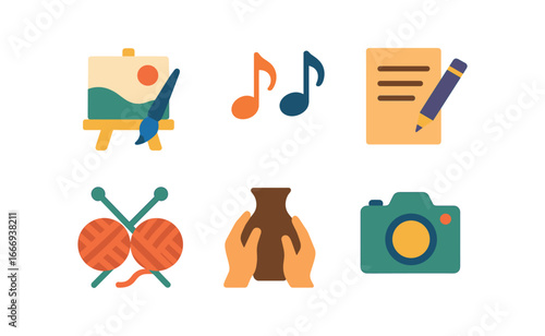 vector colorful flat filled icons soulfulness (creative): painting music notes handwritten letter knitting clay work photography.