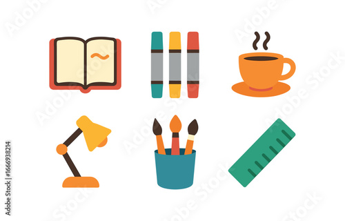 vector colorful flat filled icons pocket sketchbook (art desk): open sketchbook markers coffee cup lamp brushes ruler.