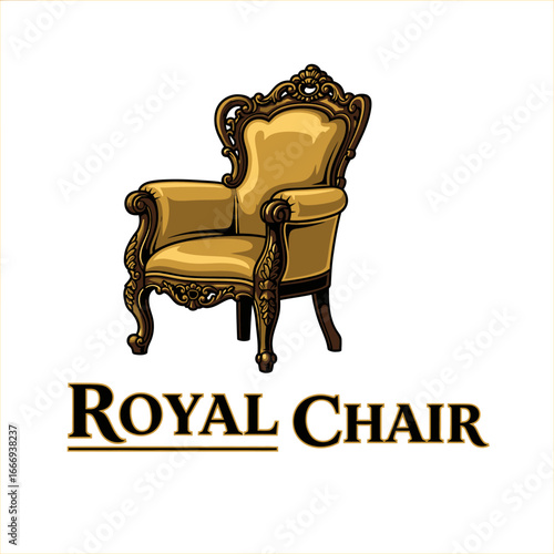 Elegant illustration of a royal armchair.  Golden upholstery and ornate wood details.