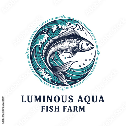 Elegant logo for Luminous Aqua Fish Farm.  A stylized fish jumps from teal waves within a circular frame.