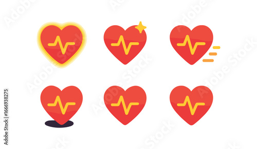 vector colorful filled icons heart reaction (pulsing heart): heart shape pulse lines glow rim shadow smear spark dot motion line.