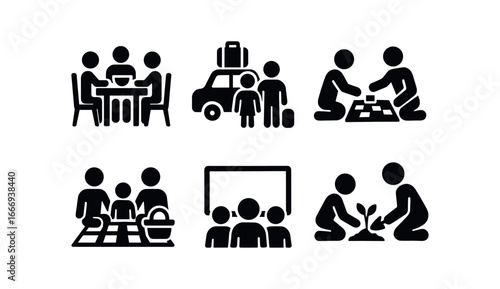 vector solid black filled icons preadolescence (family): dinner table holiday trip board games picnic movie night gardening.