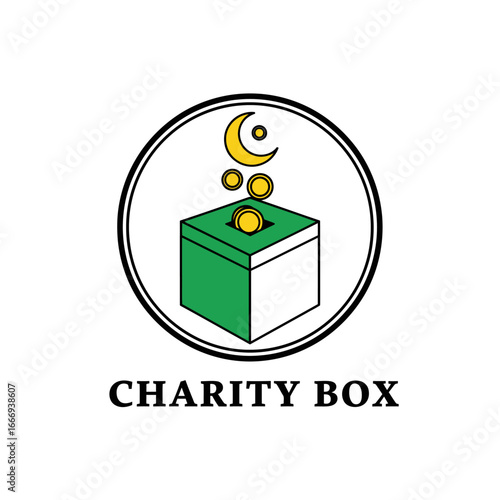 A logo depicting a charity box with coins and a crescent moon, symbolizing donations and Islamic giving.