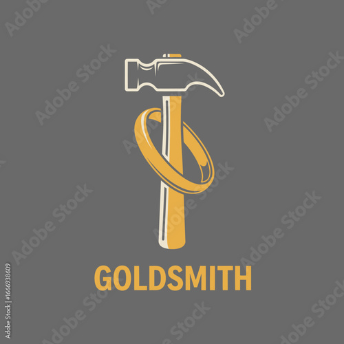 A logo design featuring a hammer and a gold ring, symbolizing a goldsmith's craft.