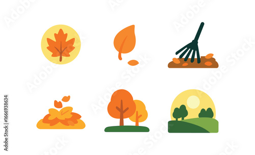vector colorful filled icons autumn leaves raking (sunlit scene): light rim leaf drop rake shadow ground glow tree line sky arc.