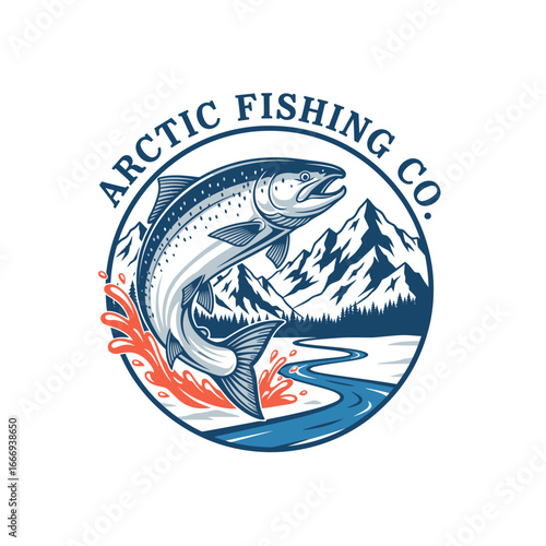Arctic Fishing Co. logo featuring a leaping salmon against a backdrop of Alaskan mountains and a river.