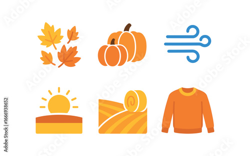 vector colorful flat filled icons season of transition (summer to autumn): golden leaves pumpkins cool breeze late sun harvested fields cozy clothes.