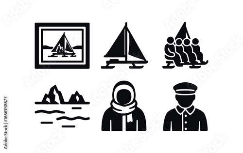 vector solid black filled icons ice yachting (historic): black and white photo wooden frame canvas sails bundled crew bay vintage clothing.