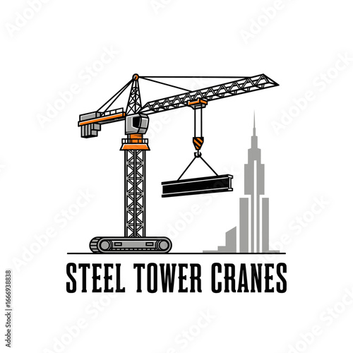 Steel tower crane lifting a beam, construction site, city background.