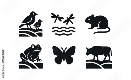 vector solid black filled icons terraced hillside (wildlife): birds in fields insects over water small mammals green frogs butterflies grazing animals.