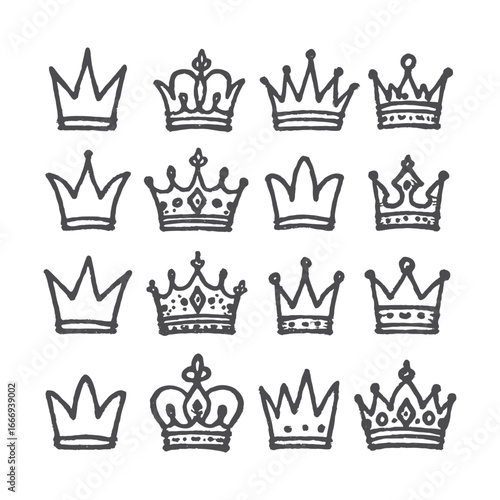 A diverse collection of hand-drawn doodle crowns in a black and white sketch style. A set of royal graffiti symbols vector illustration
