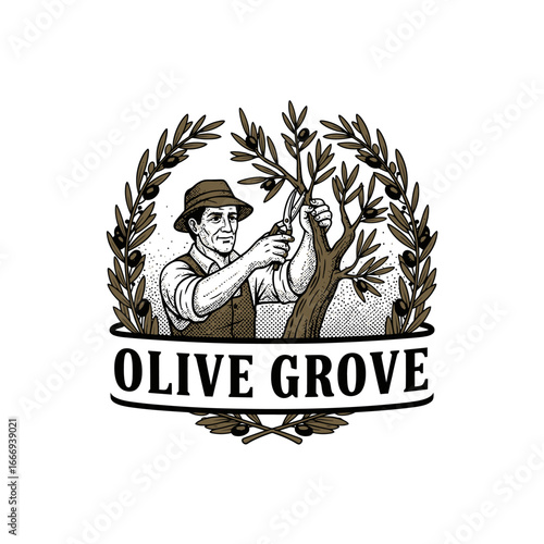 A vintage-style logo depicting a farmer harvesting olives from a tree.