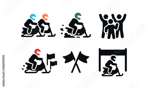 vector solid black filled icons snow scooter riding (race): multiple riders colorful helmets snow spray crowd cheering flags finish line.