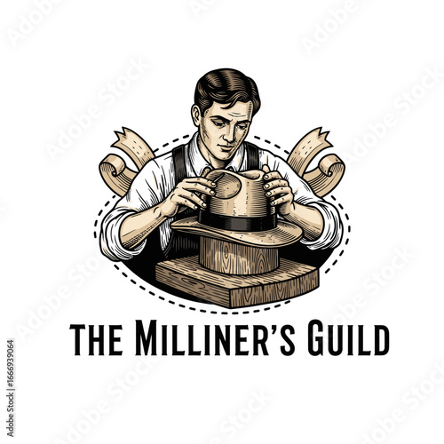 Vintage illustration of a milliner crafting a hat.  The Milliner's Guild logo.