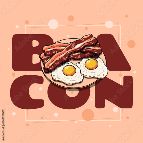 A delicious plate of grilled bacon with two sunny-side-up eggs on a white plate and bold text behind it on a beige background, perfect for celebrating International Bacon Day on the first Saturday in 