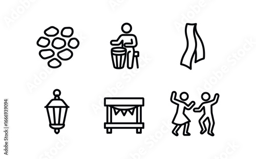 vector outline icons basket dance (village square): cobblestone ground drum players colorful scarves lanterns wooden stage barefoot dancers.