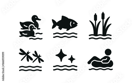 vector solid black filled icons river tubing (wildlife view): ducks fish reeds dragonflies water glint relaxed float.
