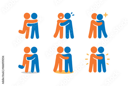vector colorful filled icons reunion hug (joyful embrace): lifted feet laugh lines heart spark motion blur shadow drop welcome glow.