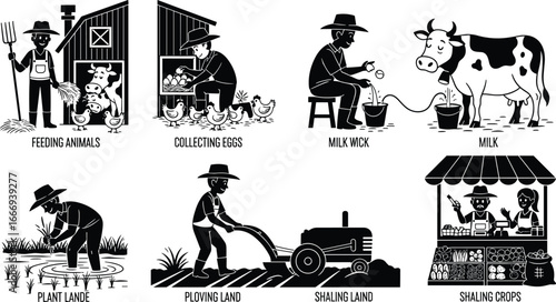 Cartoon farmer silhouettes working on farm, feeding animals, milking cows, collecting eggs, planting, plowing land, selling crops at market