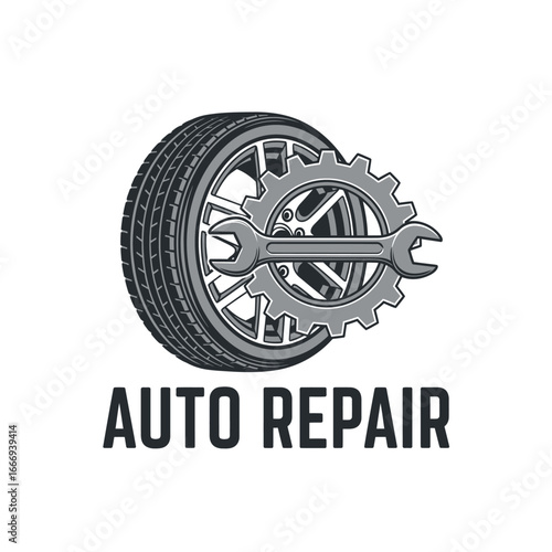 Auto repair logo featuring a tire, wrench, and gear.  Illustrates automotive service and maintenance.