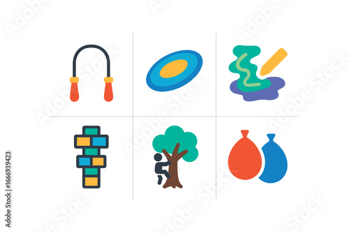 vector colorful flat filled icons tween years (outdoor play): skipping rope frisbee chalk drawing hopscotch tree climbing water balloons.