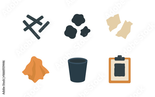 vector colorful filled icons charcoal set (messy workspace): scattered sticks black smudges paper scraps cloth cup drawing board.