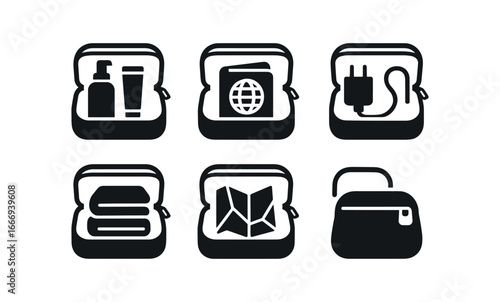vector solid black filled icons zipper case (travel): toiletries passport charger folded clothes map small bag.
