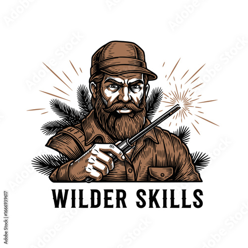 A vintage-style illustration of a bearded man wielding a welding tool.  The logo reads 'Wilder Skills'.