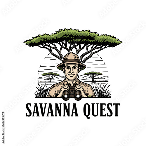 A logo depicting a safari explorer using binoculars in the African savanna.