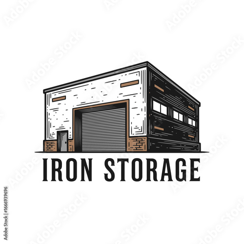 A robust logo design featuring an isometric illustration of an iron storage warehouse.