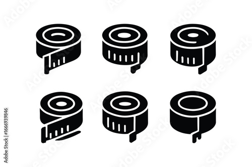 vector solid black filled icons measuring tape (rolled tape): tape coil length marks end hook shadow smear light rim highlight dot.
