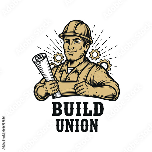 A strong logo design featuring a construction worker, symbolizing build union and teamwork.