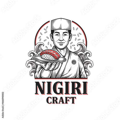 A logo design featuring a sushi chef presenting nigiri.  Japanese cuisine, restaurant branding.