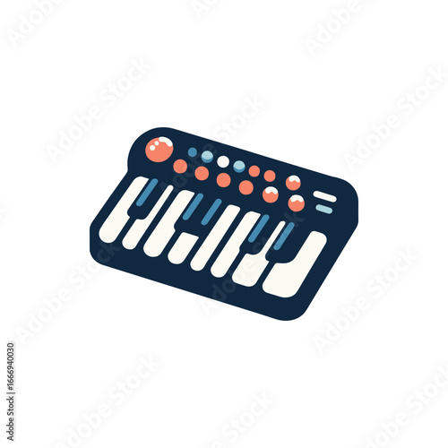 A colorful electronic keyboard with vibrant buttons and keys, set against a minimalist background