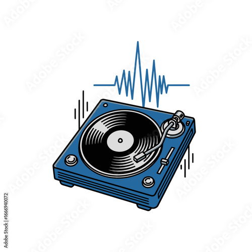A blue turntable with a vinyl record playing, sound waves above.