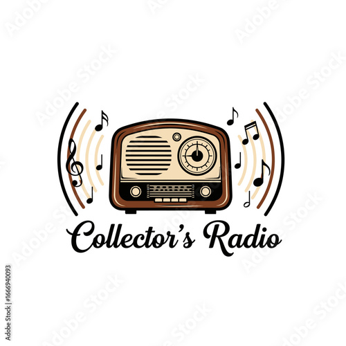 Vintage radio logo design.  Retro radio with music notes.