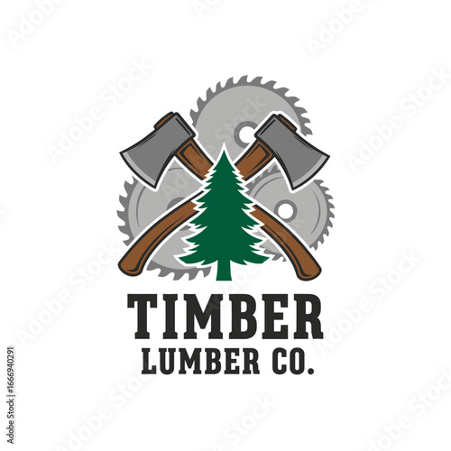 A logo for Timber Lumber Co., featuring crossed axes, saw blades, and a pine tree.