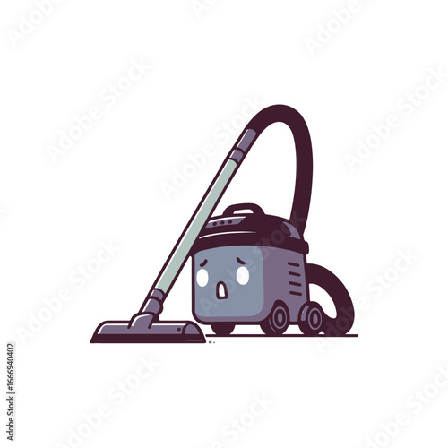 A cute cartoon vacuum cleaner character cleaning a floor, with a surprised expression and minimal background