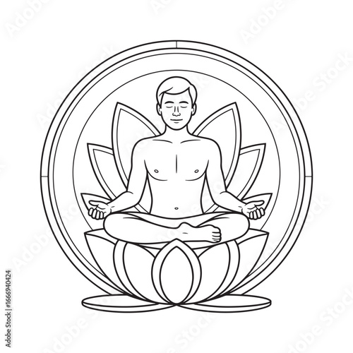 A person meditating in a lotus pose inside a blooming lotus flower. A coloring page for spiritual wellness vector illustration