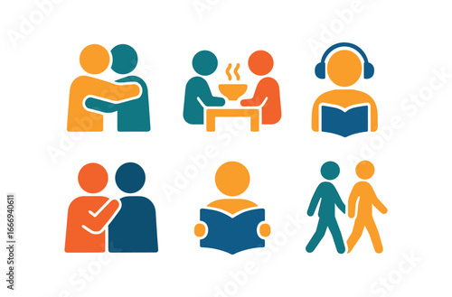 vector colorful flat filled icons soulfulness (daily life): hug shared meal listening hand on shoulder reading quiet walk.