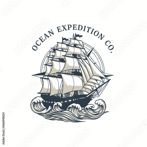 Vintage sailing ship logo for Ocean Expedition Co.