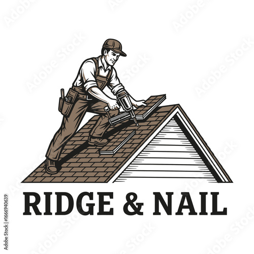 A vintage-style illustration of a roofer installing shingles on a house roof.