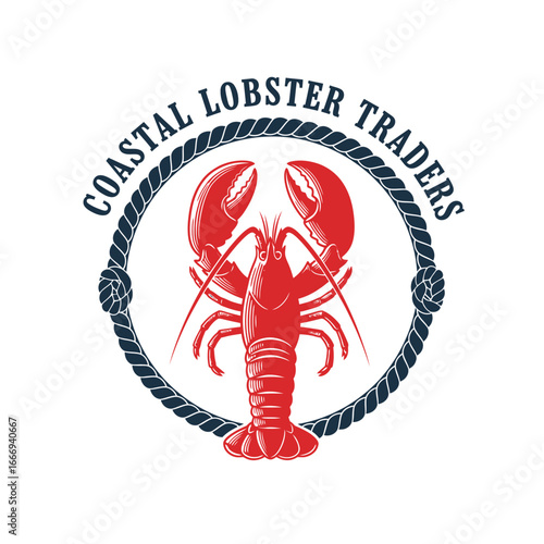 A striking logo for Coastal Lobster Traders, showcasing a detailed lobster within a nautical rope circle.