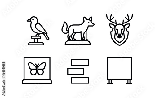 vector outline icons taxidermist (display): mounted bird fox deer head glass case labels backdrop.