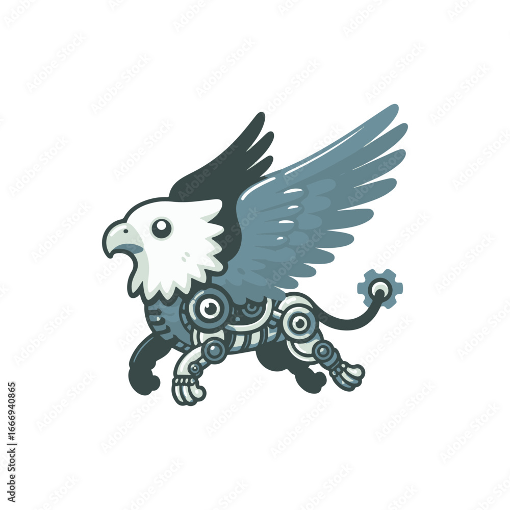 Obraz premium A robotic griffin with mechanical features soaring through a futuristic landscape