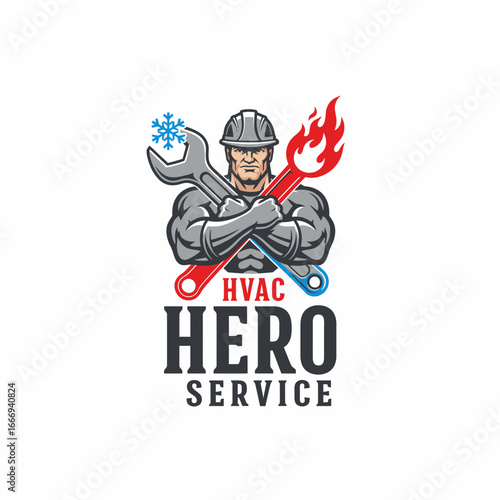 Muscular HVAC technician logo.  Strong, reliable service.