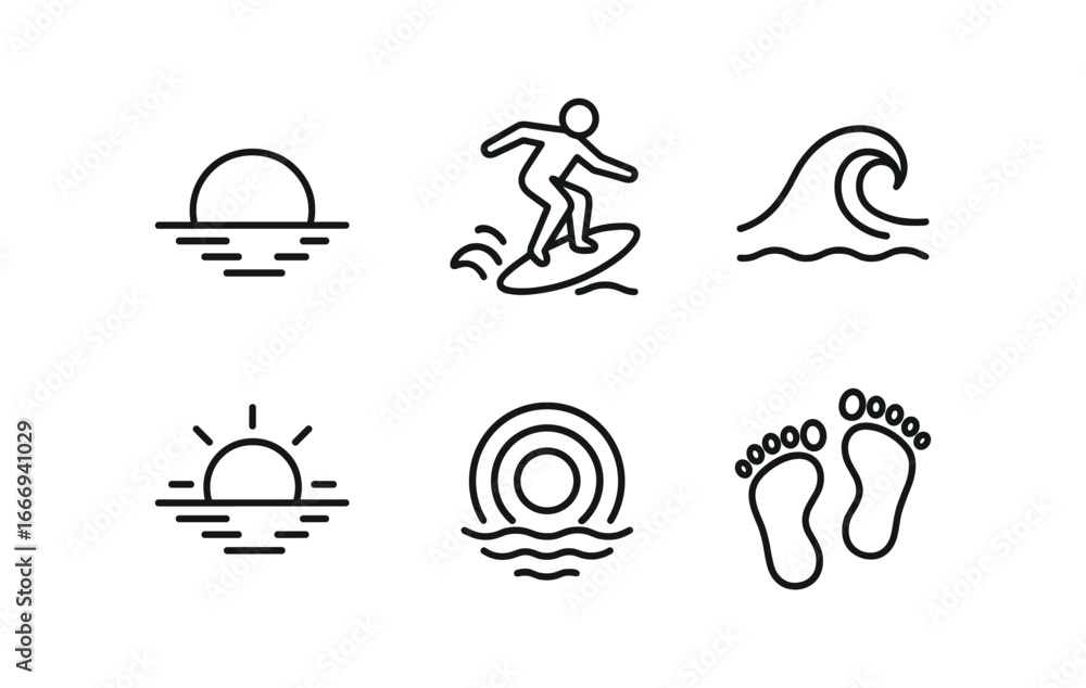 Obraz premium vector outline icons skimboarding (sunset session): orange sky reflective water silhouette rider wave glowing edge wet footprints.