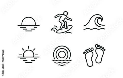 vector outline icons skimboarding (sunset session): orange sky reflective water silhouette rider wave glowing edge wet footprints.